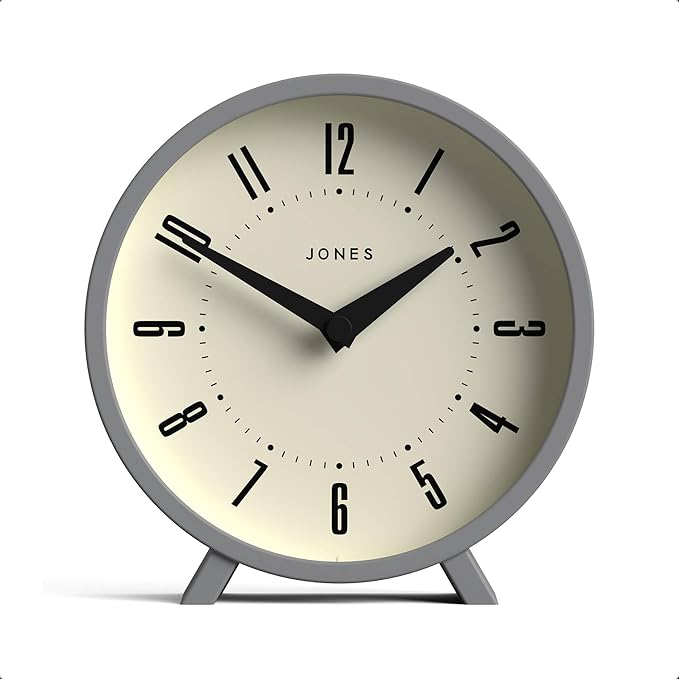 JONES CLOCKS® Venus Desk Clock | Modern Round Design | Gray | Stylish Retro Look for Shelf, Table, Mantel or Bedside