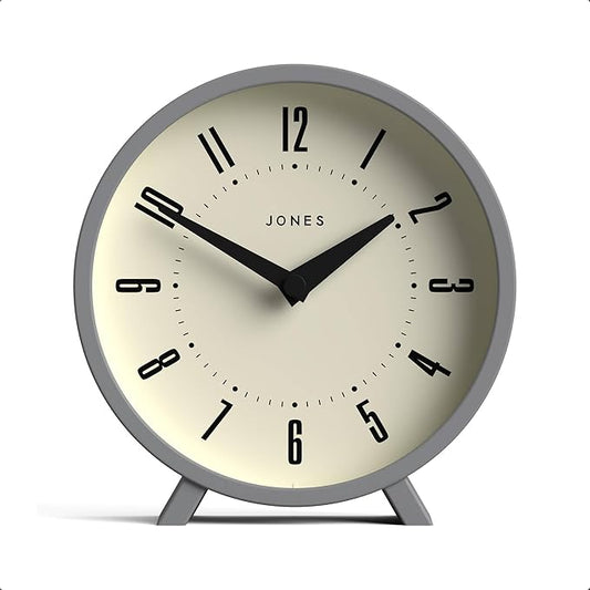 JONES CLOCKS® Venus Desk Clock | Modern Round Design | Gray | Stylish Retro Look for Shelf, Table, Mantel or Bedside