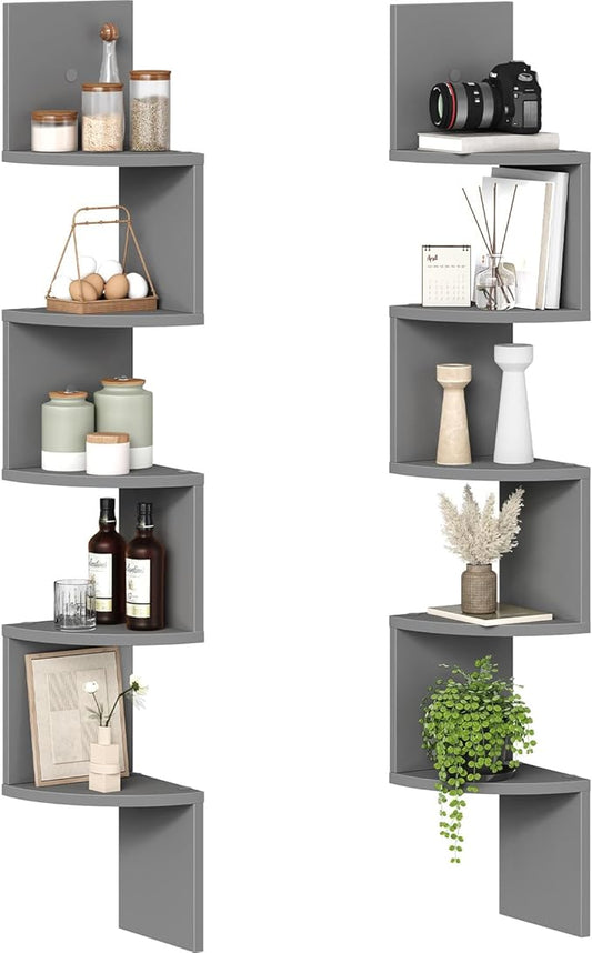HOOBRO Corner Shelf Wall-Mounted, Set of 2 Floating Corner Shelves, 5-Tier Bookshelves for Wall Decor in Living Room, Bedroom, Home Office, Dove Gray GY26BJP201