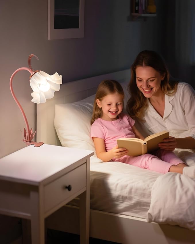 WERFOP Flower Lamp Clip on Light, 3 Color Modes Eye-Caring Desk Lamp with Clamp, Dorm Room Essentials, Flexible Neck Reading Clamp Lamps for College Bedside Bookshelf Studying Room (Pink)