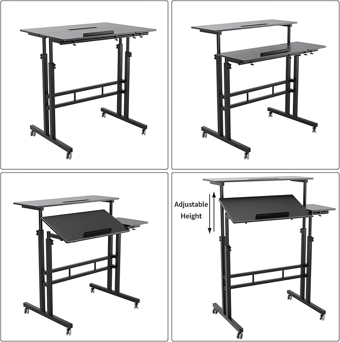 sogesfurniture Mobile Standing Desk, Portable Stand Up Desk, Small Adjustable Table Converter with Wheels Home Office Workstation, Rolling Table Laptop Cart for Standing or Sitting, Black