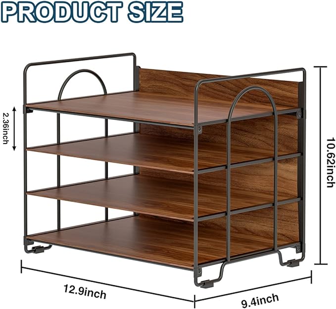 LUCYCAZ 4 Tier Paper Organizer for Desk - Wood Desk Organizer, Metal Paper Tray Organizer, File Organizer for Office Home School, Black