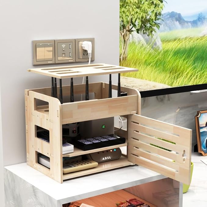 Cable Organizer Box Solid Wood Router Storage Box Wall-Mounted WiFi cat Plug-in Wire Board Placement Shelf Desktop Set-top Box Rack Cable Management Box (Size : S)