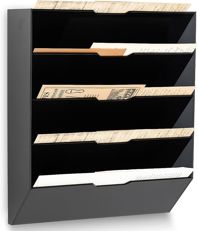 Chunful 5 Tier Mail Sorter Letter Wall Holder Black Acrylic Wall Mounted Mail Organizer Hanging File Envelope Pocket Plastic Mount Document Holder for Home Office Entryway
