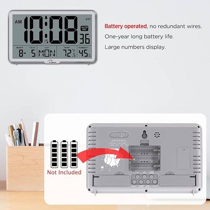 WallarGe Auto Set Digital Wall Clock Battery Operated, Desk Clocks with Temperature, Humidity and Date