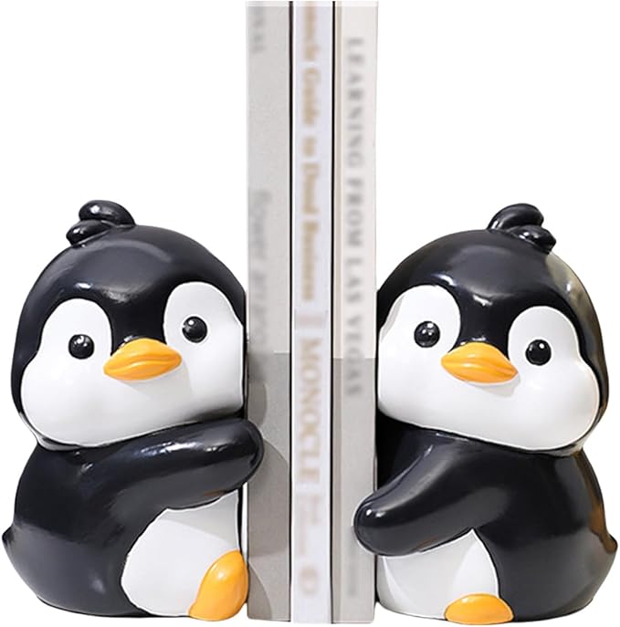 Cute Hug Penguins Decorative Bookends, Unique Animal Book Ends to Hold Books Creative Resin Book Holder Stopper for Home Office Desk Bookshelf Decoration