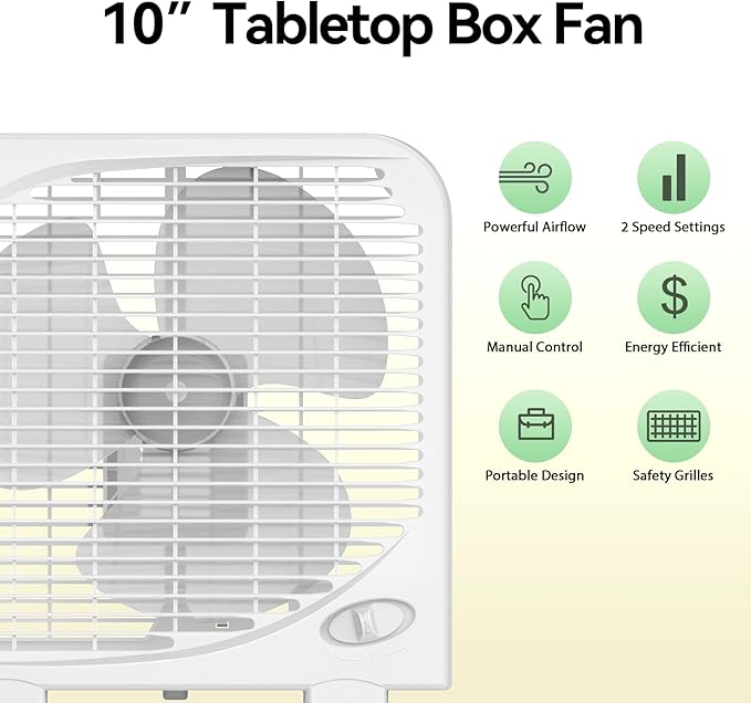 shinic 2 Packs 10" Tabletop Box Fan, 2 Speeds, Quiet Table Fans with Strong Airflow, Energy Efficient Small Box Fan, Portable Kitchen Exhaust Fans for Bedroom Bathroom Office Dorm Workshop, White