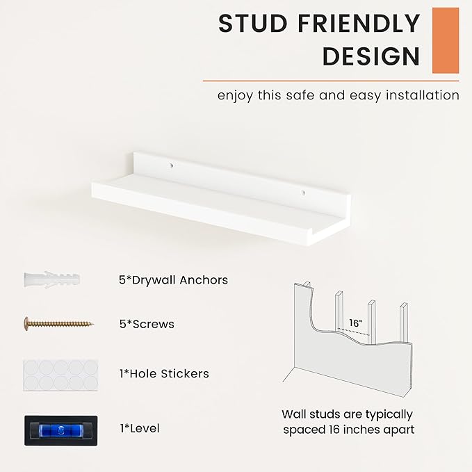 FLYJOE Picture Ledge Shelf, Floating Shelves Set of 2, 16 Inches Nursery Book Shelves for Toys Storage, Kids Bookshelf Wall Mounted for Living Room Bedroom Decor Books Photo Frames, White