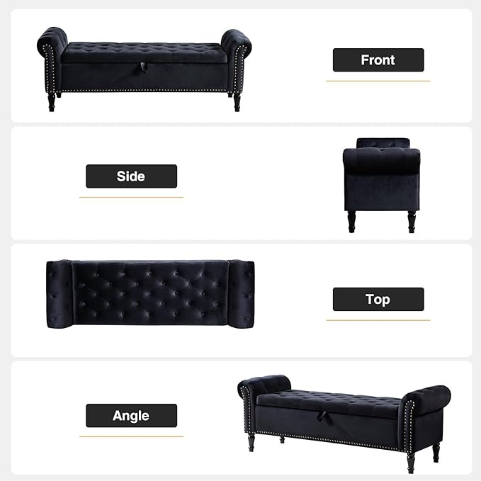 67'' Storage Bench for Bedroom End of Bed, Storage Bench for King Size Bed, Upholstered Tufted Storage Ottoman Benches with Arms for Living Room Entryway,Velvet Black