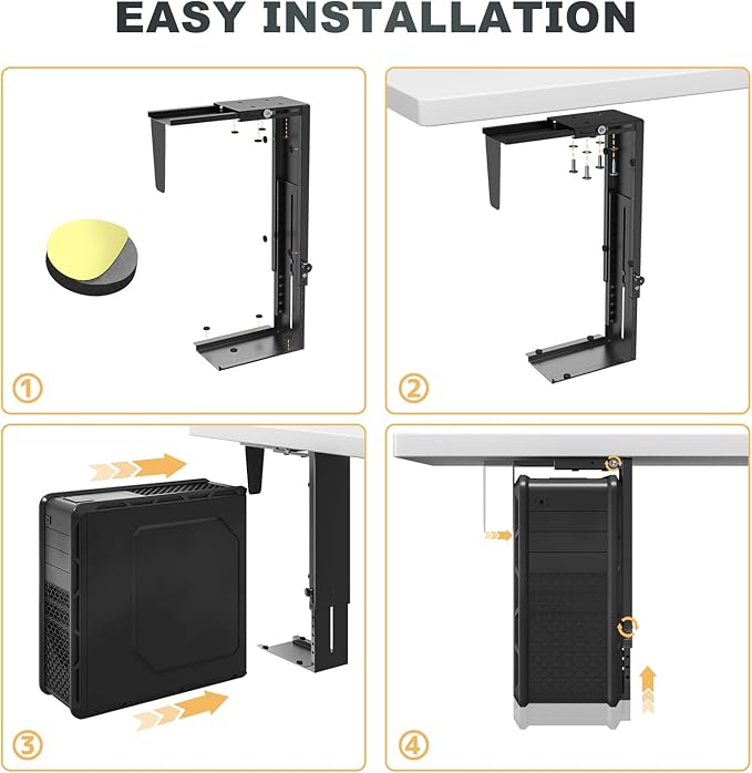 Under-Desk PC Mount - Adjustable PC Tower Holder 8 1/4"-12 15/16" inch Wide, Supports CPU up to 50 lbs, Steel Computer Case Bracket with Protective Padding, Black