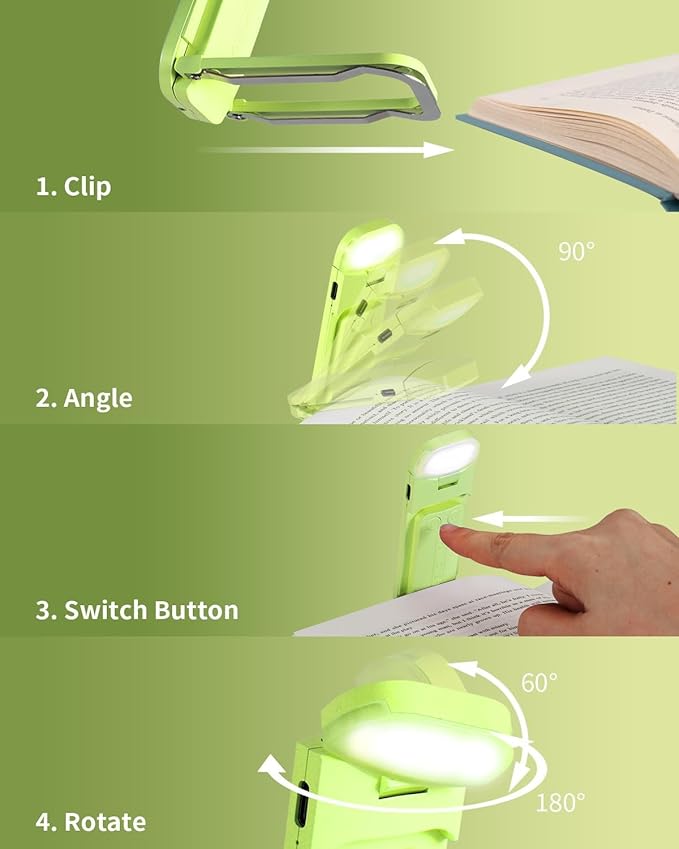 HEMONNKAM Book Reading Light, Rechargeable Clip on Booklight, Eye Caring 3 Color Temperatures & 5 Brightness Levels, Night Use for Bed, Long Lasting, Reading at Night in Bed, Green