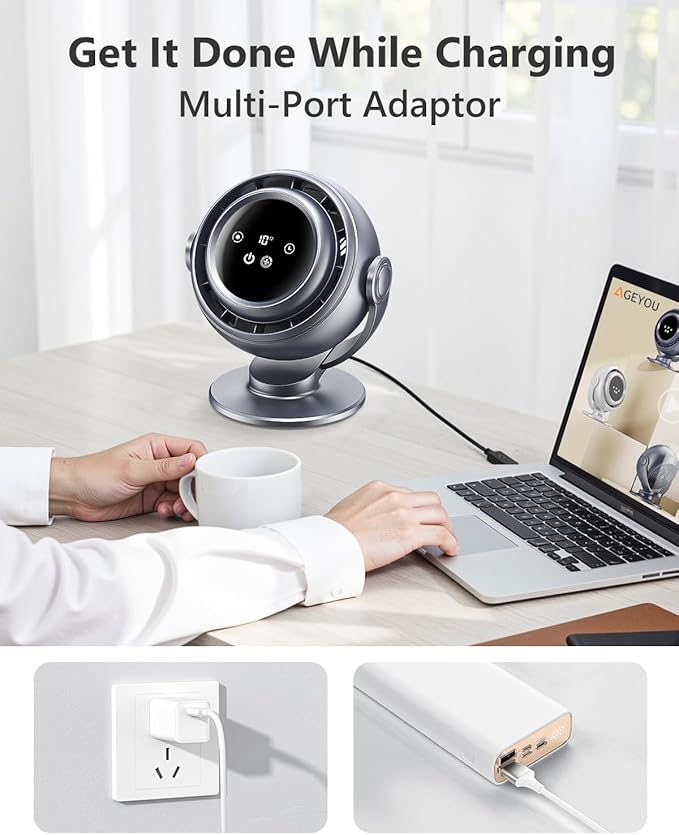 Desk Fan for Office, 90°Oscillating Fan with 6000mAh Rechargeable, 10 Speeds 4H Timer 270°Tilt Adjustment, 29dB Ultra-Quiet Portable Personal Table Fans, Gifts for Christmas Women Men Home