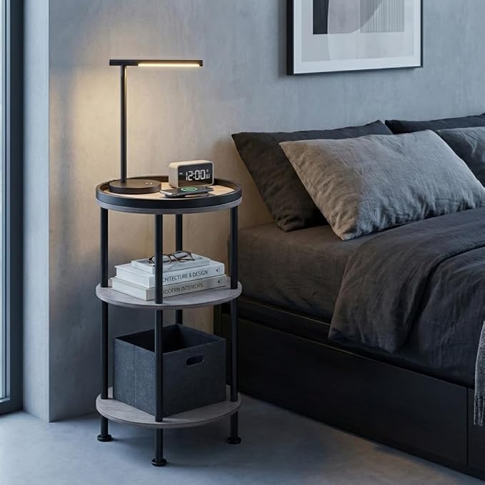 Small Round Side Table, Oak Round End Table for Living Room & Bedroom, Modern 3-Tier Nightstand with Storage Shelf, 11.8" Narrow Accent Table for Small Spaces, Nursery, Plant Stand,Natural Wood Finish