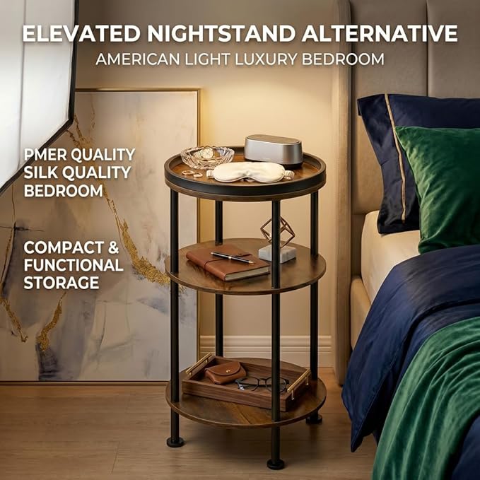 Small Round Side Table with Tray Top (Patented Design), 11.8" Narrow End Table for Small Spaces, 3-Tier Industrial Nightstand, Original Rustic Accent Furniture for Living Room Bedroom, Rustic Brown