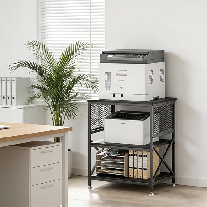 KaKaBB 3-Tier Rolling Printer Stand with Adjustable Storage Shelf, Large Mobile Office Cart with Locking Wheels, Printer Table for Home Office, 23.6 x 18.9 x 30 Inches (Black)