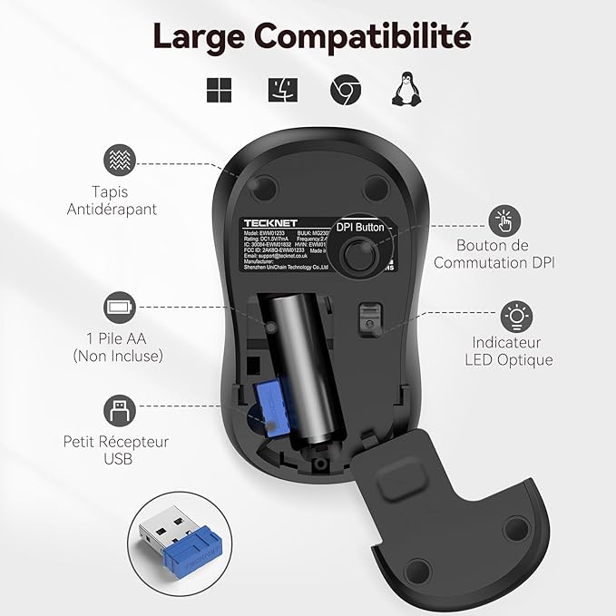 TECKNET Wireless Mouse for Laptop, 2.4G Silent Computer Mouse Quiet Click with 5 DPI Levels,Contoured Grip,Small Portable 30 Months Battery Cordless Mice for PC, Chromebook, Mac