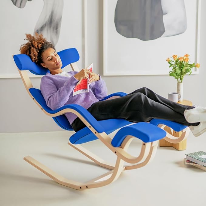 Varier Gravity Balans Recliner and Kneeling Chair Designed by Peter Opsvik, Relax Into Weightlessness, 10-Year Limited Warranty, Blue Revive Fabric with Natural Ash Base