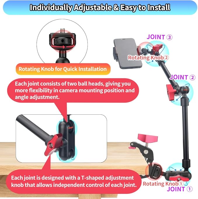 22" Magic Arm w Clamp Mount, Overhead Desk Phone Mount Stand, Adjustable Articulating Friction Camera Boom Arm w 1/4" Thread for Phone Video Light Webcam Action Camera Tripod Mic