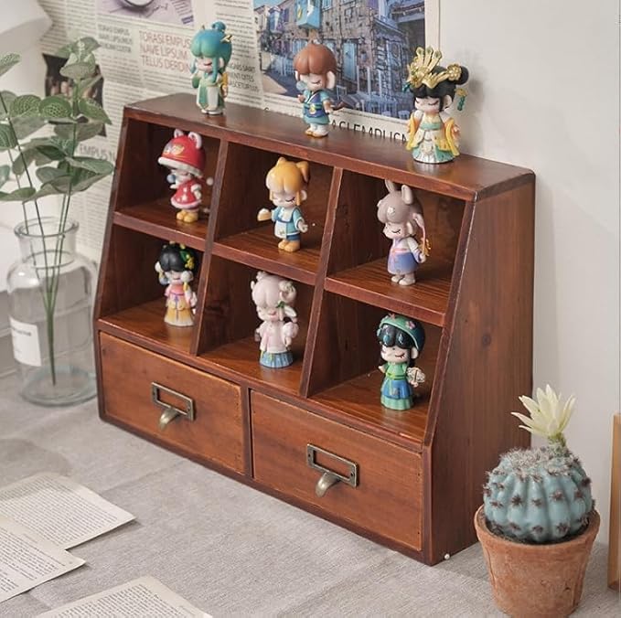 Xiaooooyez Wooden Desktop Organizer, 6 Compartments and 2 Drawers, 15.7 x 4.5 x 11 inches, Mahogany Wood Storage Cabinet