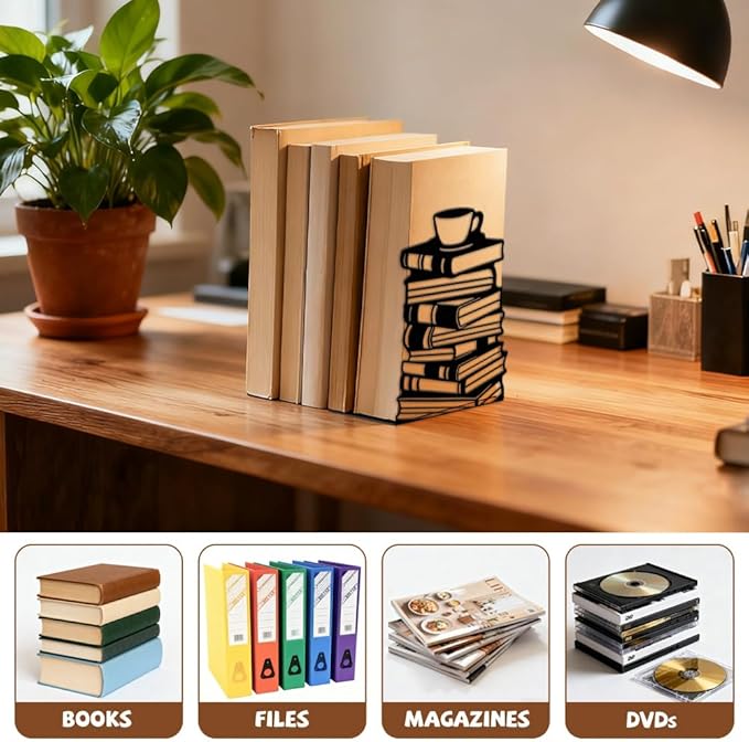 Peacoblue Metal Bookends for Shelves, Modern Decorative Heavy Duty Study Book Ends Stoppers for Office, Desk, Shelf, Room 5.3"x4.3"x7.9" Cast Iron Simple Tall Bookends 1 Pair (Book Stacks and Teacup)