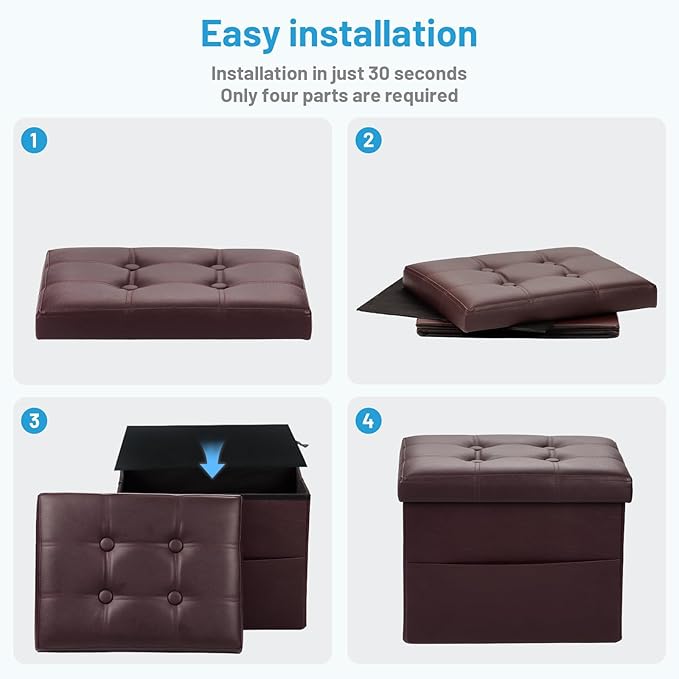 Bsketa Storage Ottoman Foot Rest Stool, Small Leather Storage Ottomans Bench, Folding Footstool with Side Pockets, Foot Rest Under Desk for Living Room Bedroom, 17x13x13 in, Brown