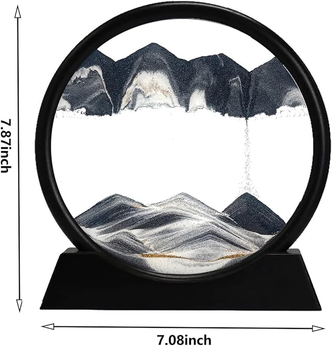 rysnwsu 3D Dynamic Sand Art Liquid Motion, Moving Sand Art Picture Round Glass 3D Deep Sea Sandscape in Motion Display Flowing Sand Painting Relaxing Desk Toys (Black, 7'')