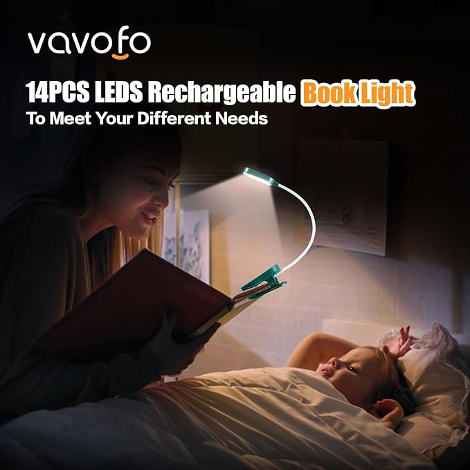 VAVOFO Rechargeable Book Light, 14 LEDs Eye Care Clip On Amber Reading Light for Bookworms Reading in Bed with 9 Colors 9 Brightness (Dark Green)
