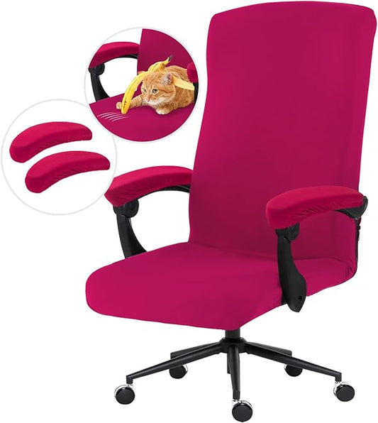 Stretch Computer Office Chair Cover with Armrest Covers Durable Zipper Universal Washable Removable Spandex Rotating Boss Chair Slipcovers Anti-dust Soft Desk Chair Seat Protector, Hot Pink