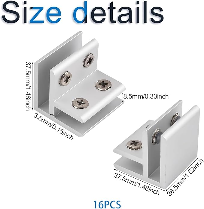 INCREWAY 16 Pcs Adjustable 90 Degrees Glass Clips Aluminum Alloy Glass Shelf Support Bracket, Glass Holder Connector for 5-8mm Thick Glass