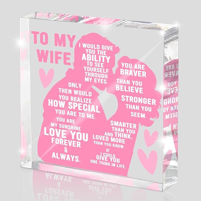 To My Wife Gift from Husband, Heartfelt Romantic Love Plaque, Anniversary and Valentine's Day Gift for Wife, Wedding Keepsake for Birthday, Christmas, Pink Acrylic Desk Decor, Valentine's Day decorations