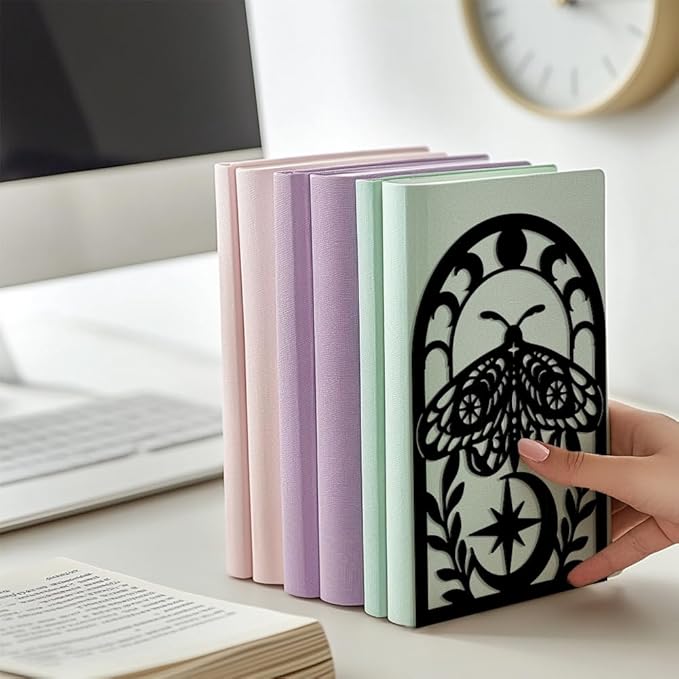 Peacoblue Metal Bookends for Shelves, Modern Decorative Heavy Duty Study Book Support Stoppers for Office, Desk, Shelf, Room 5.3"x4.3"x7.9" Cast Iron Simple Tall Bookends, 1 Pair (Moth)