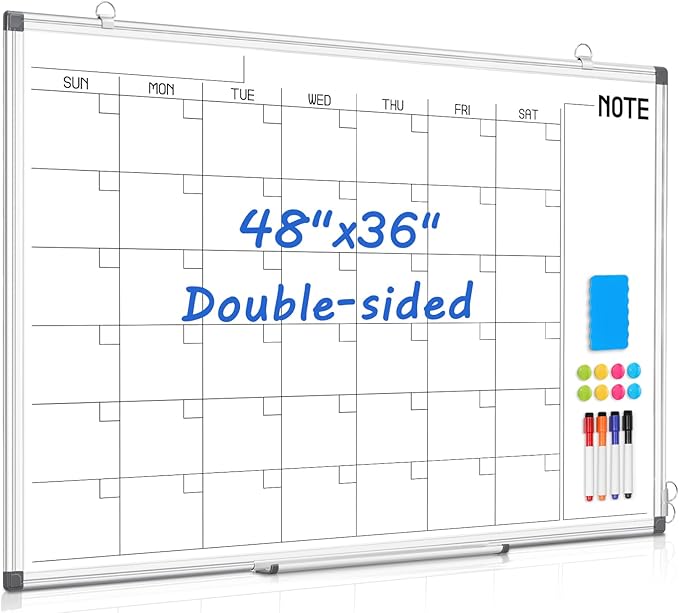WALGLASS Dry Erase Calendar Whiteboard, 48" x 36" Monthly Large Dry Erase Calendar for Wall, Double-Sided Hanging White Board with Silver Aluminum Frame for Home, School, Office, Kitchen