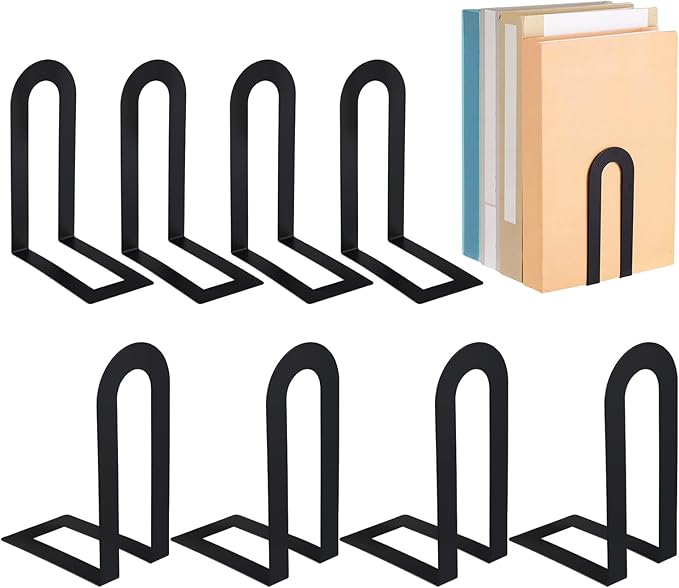 Chunful 8 Pcs Black Modern Metal Book Ends for Shelves Decorative Small Bookends Book Shelf Organizer Minimalist Design Stopper to Hold Books for Home Office (5.5 * 3.75 * 2.25inch)