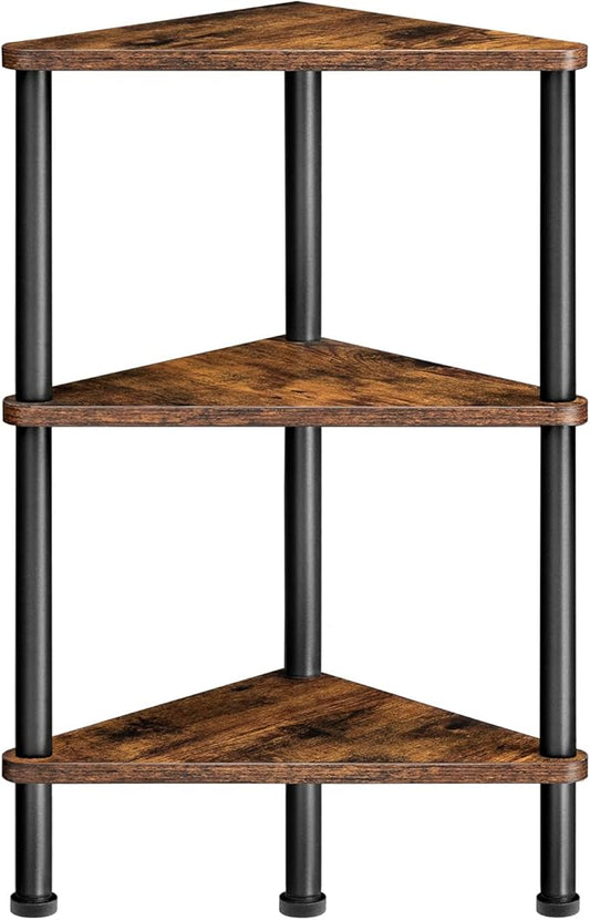 HOOBRO Corner Shelf Stand, Industrial 3-Tier Corner Bookshelf with Metal Frame, Plant Display Shelf, Small Bookcase for Small Spaces, Living Room, Rustic Brown and Black BF30CJ01
