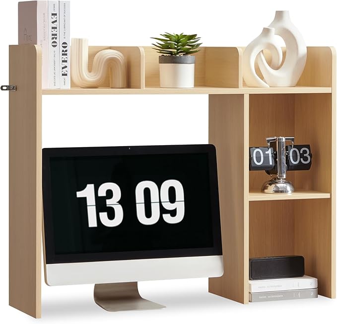 Nromant Desktop Bookshelf, Wooden Desk Storage Hutch with 5 Shelves, 3-Tier Desktop Display Organizer Rack for Office Home (Natural, 5 Shelves A)