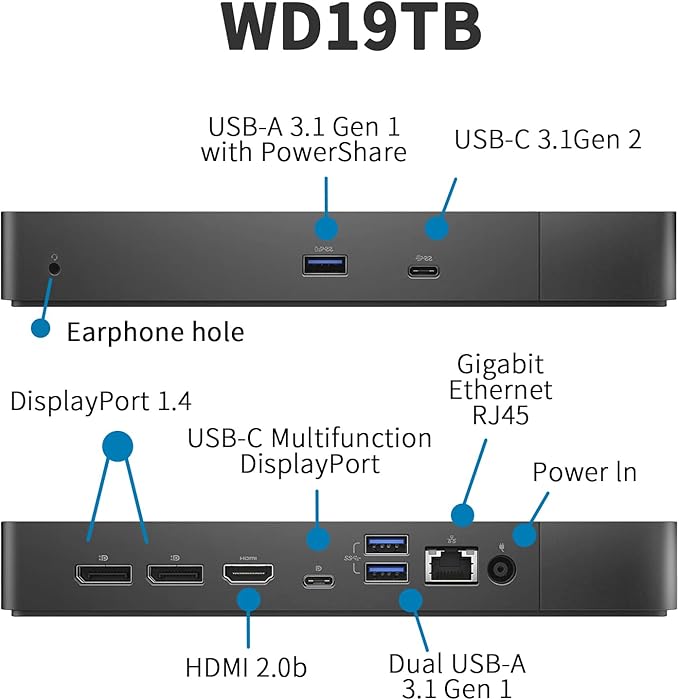 Dell WD19TB Docking Station, Performance Dock WD19TB with 180W Power Adapter + 130W Power Delivery + HDMI Cable + DisplayPort Cable