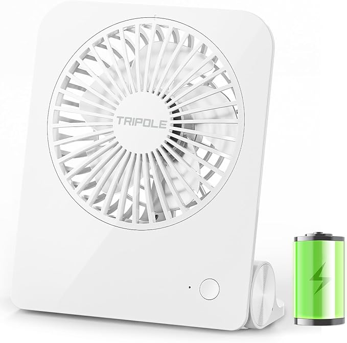 TriPole Desk Fan Small Portable Fan 2000 mAh Rechargeable Battery Ultra Quiet 4.5 Inch Mini Travel Fan with 180° Tilt Folding and 3 Speeds Adjustable for Home Office Desktop White
