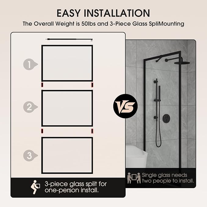 Walk in Shower Door, 36" W x 75" H Fixed Shower Glass Panel, 1/5"(5mm) Tempered Glass Shower Screen for Bathroom, 3 Glass Panels & Adjustable Support Bars - Matte Black
