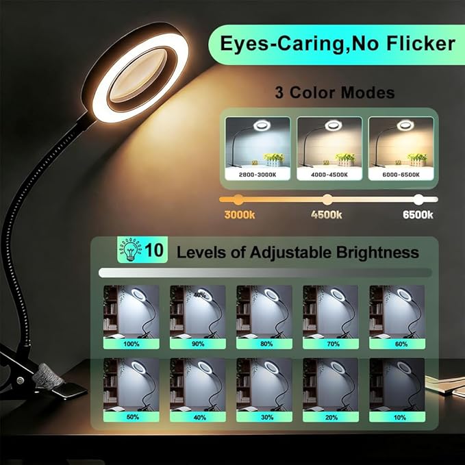 Consss Eye Protection Clip On Reading Light with Magnifying Glass，3 Color Modes & 10 Brightness Flexible Arm for Manual/Bedtime Reading/Middle-Aged and Elderly People's Threading Tool/Bedside Lamp
