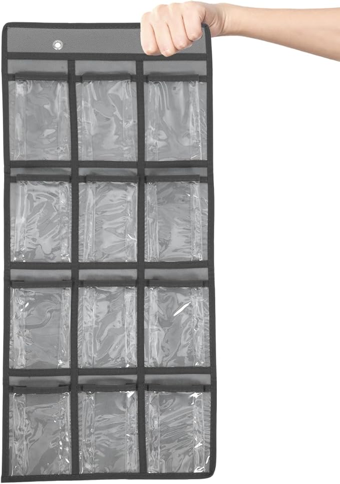 DOITOOL 12 Clear Pockets Classroom Pocket Chart for Cell Phones, Cell Phones Calculator Holder for Classroom Storage, Wall Door Hanging Organizer, Grey