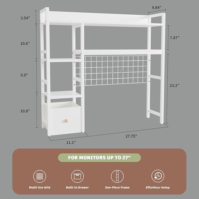 Desk Hutch for Computer Monitor,Desktop Bookshelf Organizer,4 Tier Desk Hutch with Grid Panel,38.6" Desk Shelf Storage Rack for Home Office,Study,Dorm,White