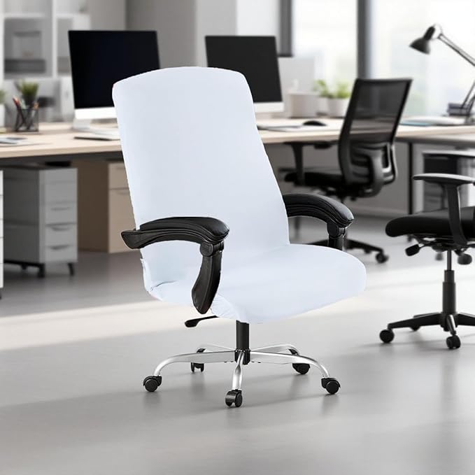 Office Chair Cover,Removable Desk Chair Cover with Zipper,Stretch Anti-dust Universal Rotating Office Seat Slipcover,Washable High Back Computer Seat Protector for Pets (White, Large)