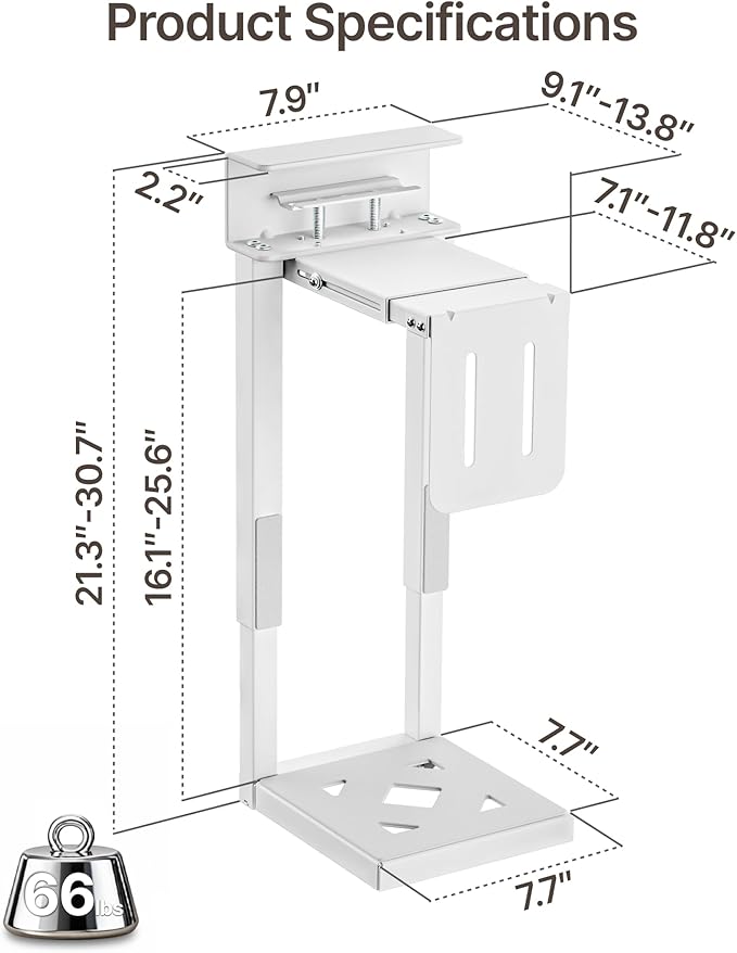 monTEK Heavy-Duty Under Desk PC Mount-No Drilling Installation, Adjustable PC Mount with Protective Pads, Supports up to 66lbs,16.1"-25.6" H, Ideal for Office Home Classroom,White