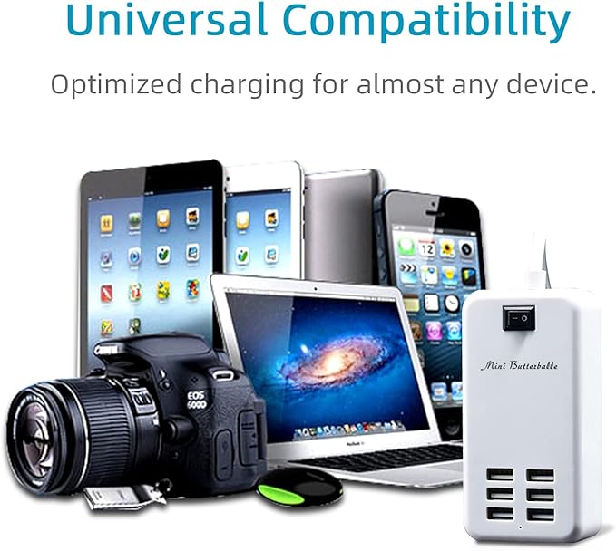 6 Port USB Charging Station, Multi Device USB Charger Hub with ON/Off Power Switch, 5ft Long Cord, Universal Fast Charging Adapter for Cell Phones, Tablets, 5V DC Electronic Devices