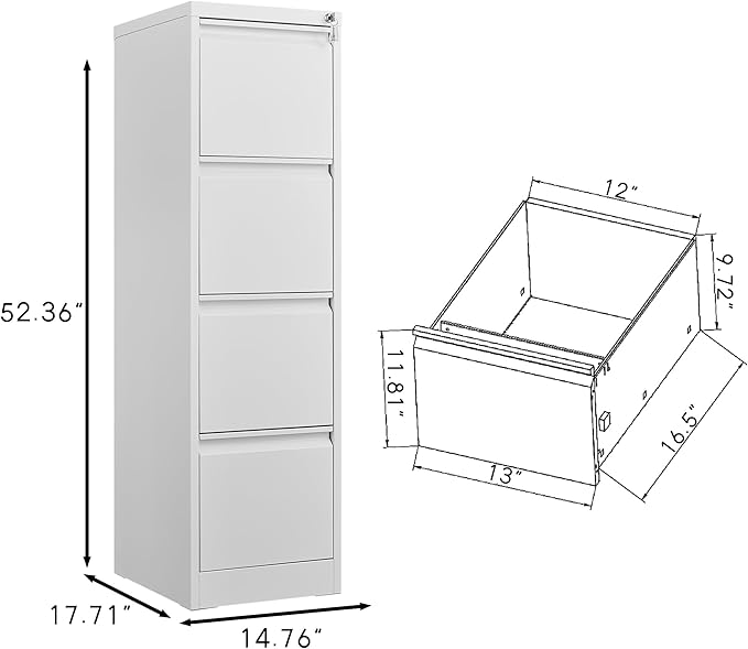 4 Drawer File Cabinet with Lock, Vertical File Cabinets for Home Office, Heavy Duty Metal Lockable Filing Storage Cabinet for Letter/Legal/a4/f4 Size Files, Assembly Required, White