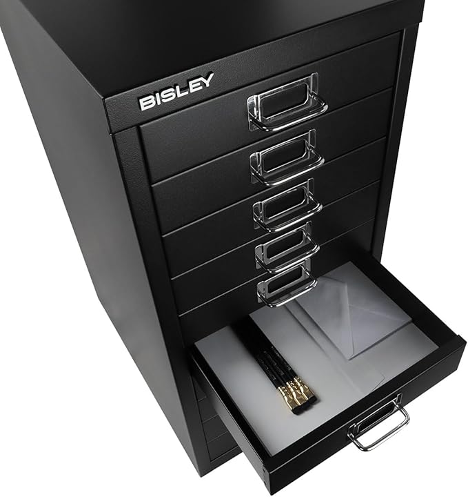 Bisley 10-Drawer Steel MultiDrawer Cabinet - Black, Chrome Pull Handles with Label Holders, Powder-Coated Steel, Removable Drawers, Fits Under Most Desks, Labels Included