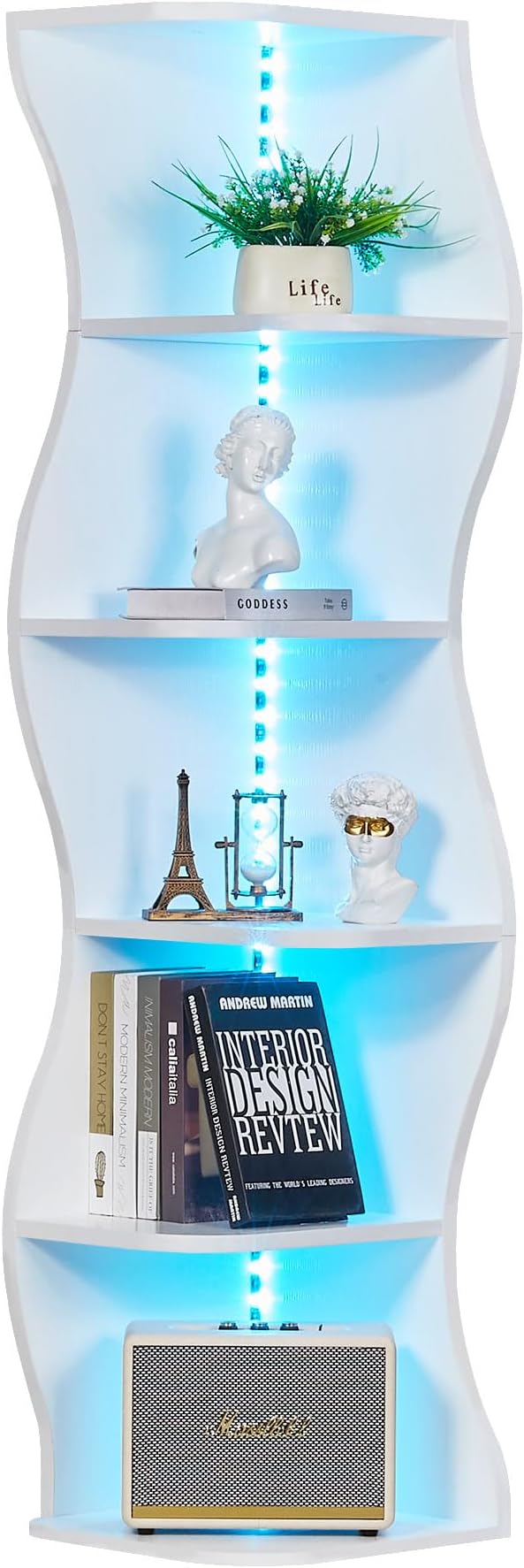 VECELO 6-Tier Wave Corner Bookcase with LED Lights, 90° Right-Angle Tall Narrow Bookshelf, Wooden Corner Display Stand Storage Shelf for Small Spaces, Living Room, Bedroom, Home Office (White)