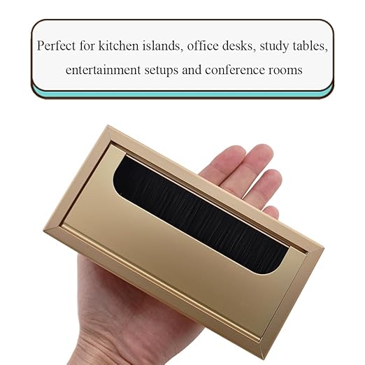 HAHIYO Gold Aluminum Alloy Desk Grommet,80x160mm Premium Cable Organizer with Flip Cover and Dustproof Brush–Durable Wire Management Solution for Home,Office,and Workstations–Easy to Install 1P