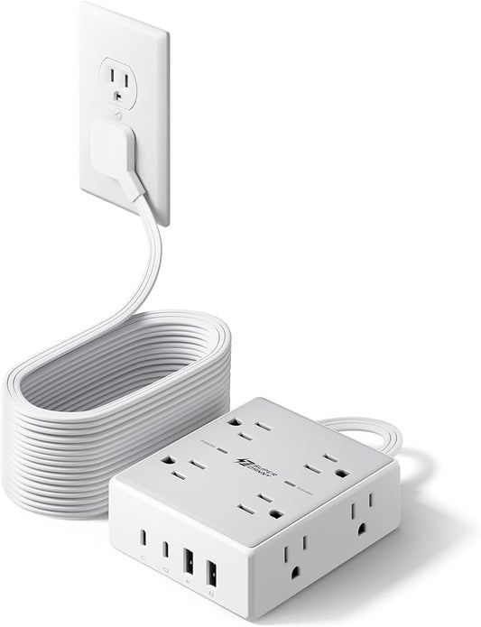 25Ft Long Extension Cord, Flat Plug Power Strip with 8 Outlets & 4 USB Ports (2 USB C), Wall Mountable Surge Protector, Desk Charging Station for Home Office, Dorm Room Essentials