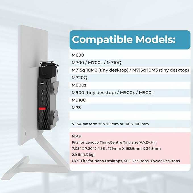 Mount for Lenovo Mini PC VESA Mount for Lenovo ThinkCentre M910Q M720Q M700 M600 M710Q M715Q Tiny Desktop Computer Wall VESA and Under Desk Mounting Bracket or Mounting to Monitor Arm with Pen Holder